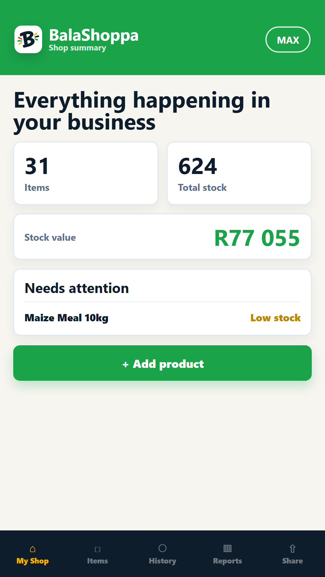 BalaShoppa dashboard with stock units, inventory value, product count, and low stock warning