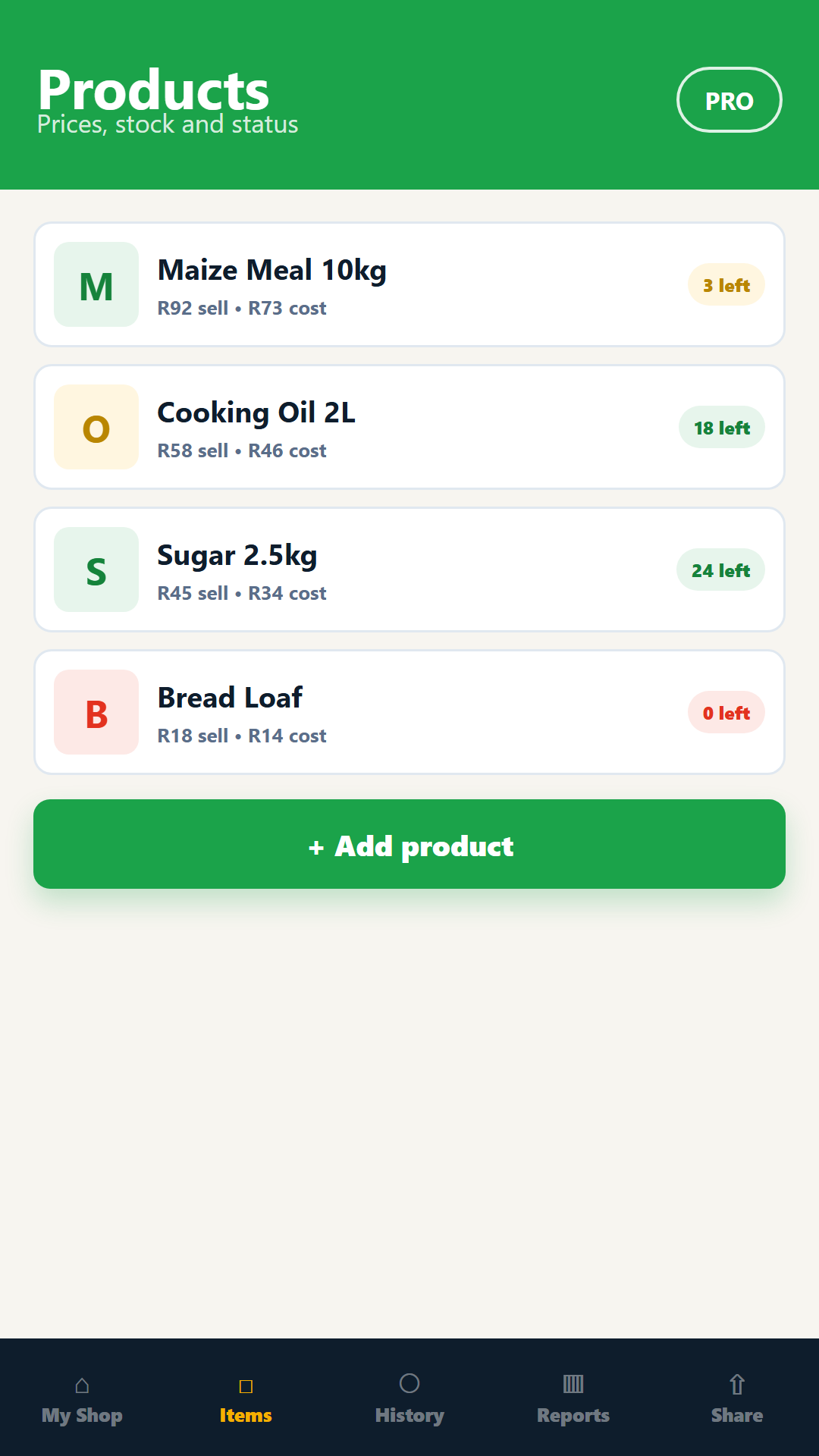 Product list with quantities, prices, and stock status labels